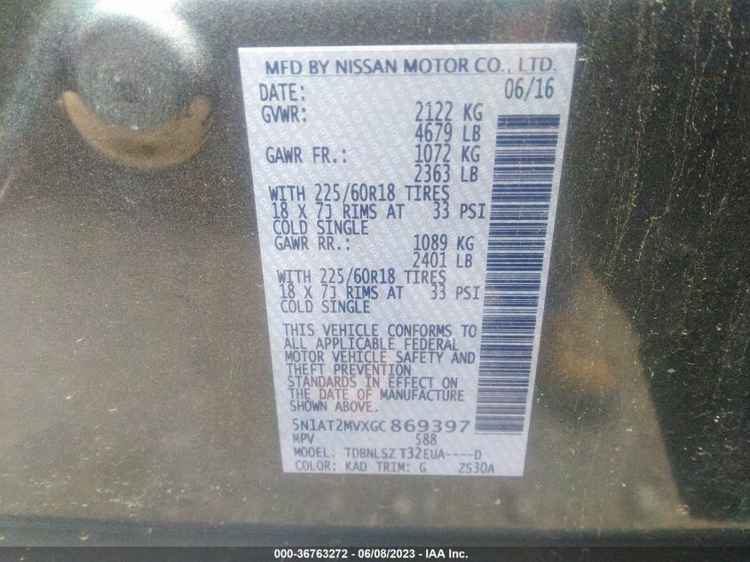 2016 NISSAN ROGUE S/SL/SV - 5N1AT2MVXGC869397