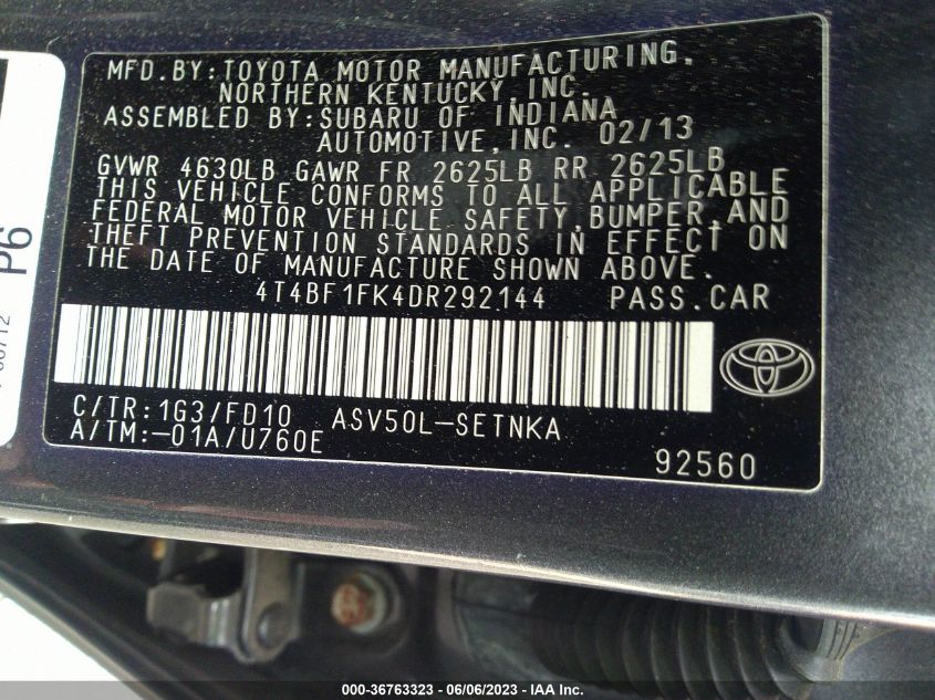 2013 TOYOTA CAMRY L/LE/SE/XLE - 4T4BF1FK4DR292144