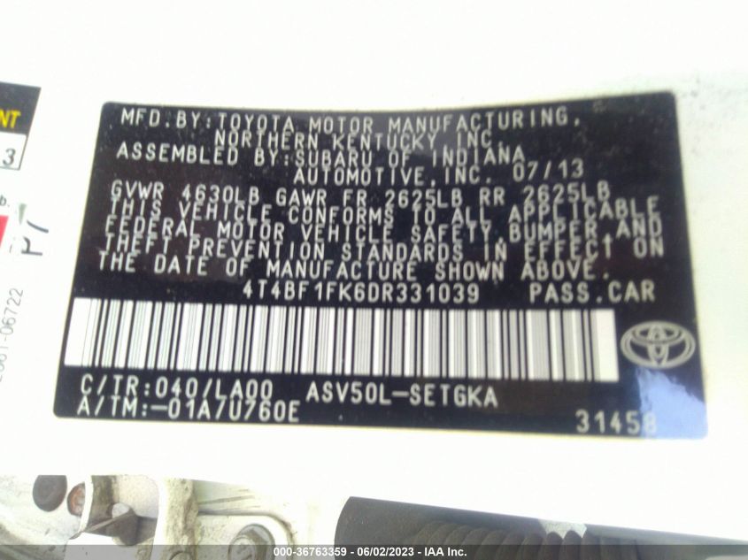 2013 TOYOTA CAMRY LE - 4T4BF1FK6DR331039