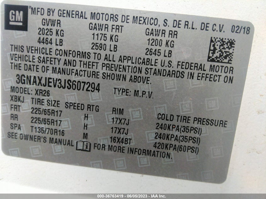 VIN 3GNAXJEV3JS607294 2018 CHEVROLET EQUINOX LT