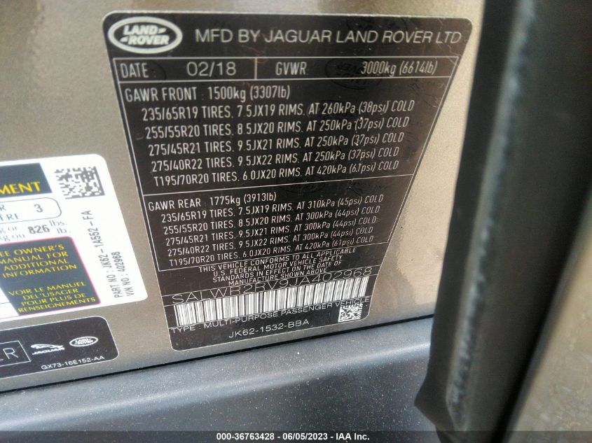 2018 LAND ROVER RANGE ROVER SPORT HSE - SALWR2RV9JA402968