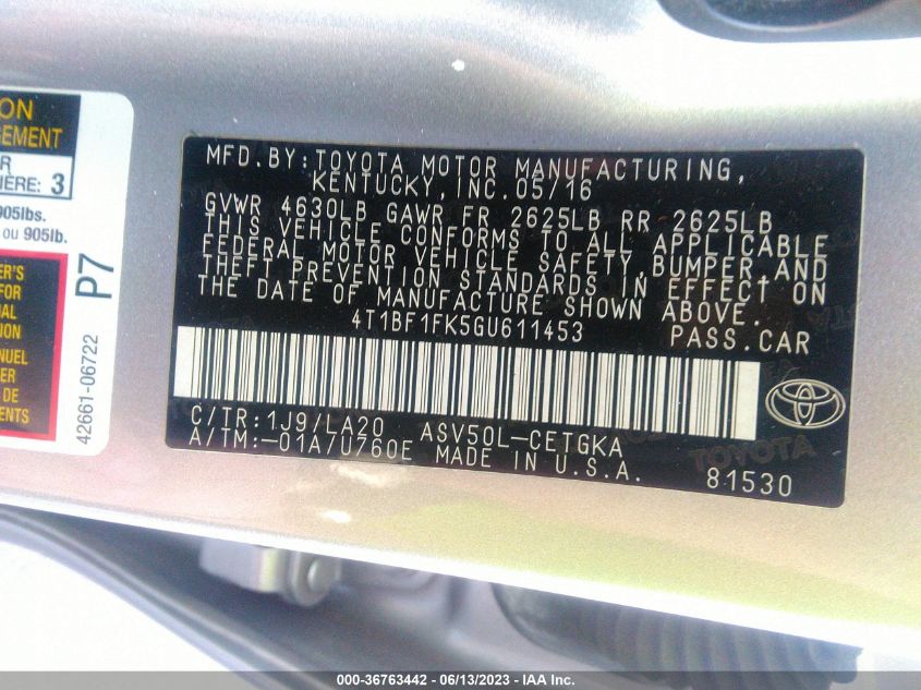 2016 TOYOTA CAMRY XLE/SE/LE/XSE - 4T1BF1FK5GU611453