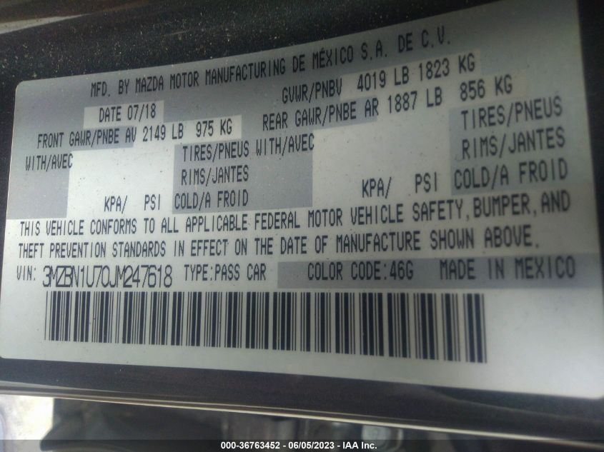2018 MAZDA MAZDA3 4-DOOR SPORT 3MZBN1U70JM247618
