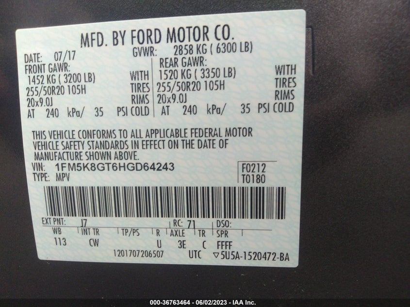 VIN 1FM5K8GT6HGD64243 2017 FORD EXPLORER SPORT