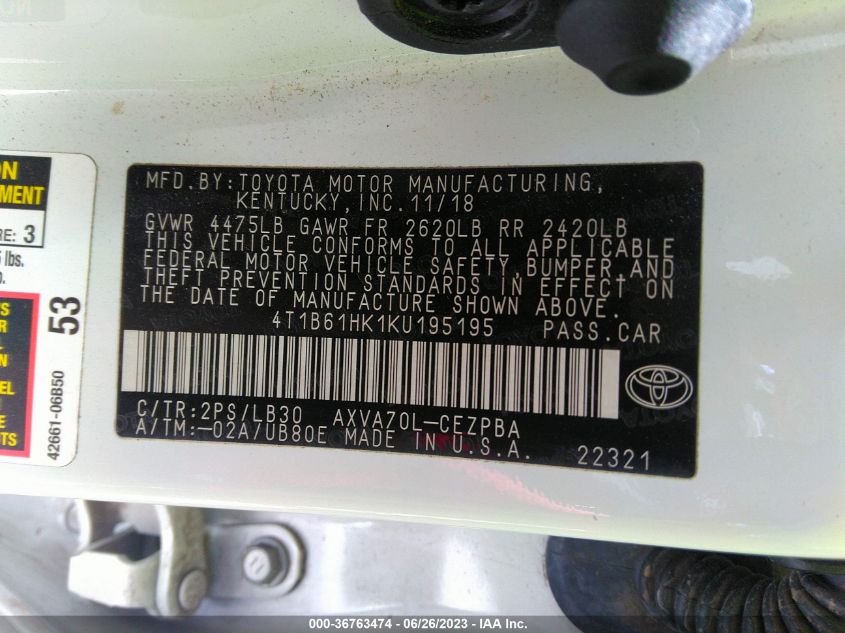 2019 TOYOTA CAMRY XSE - 4T1B61HK1KU195195