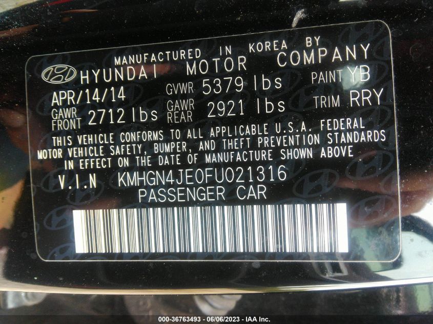 2015 HYUNDAI GENESIS 3.8L - KMHGN4JE0FU021316