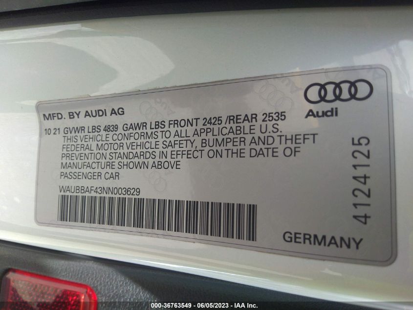 2022 AUDI A4 SEDAN PREMIUM PLUS - WAUBBAF43NN003629