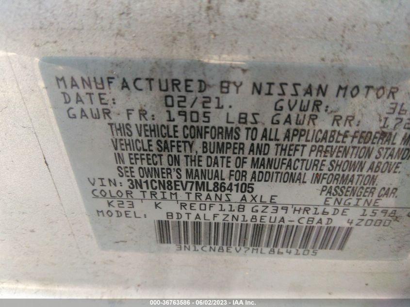 2021 NISSAN VERSA SV - 3N1CN8EV7ML864105