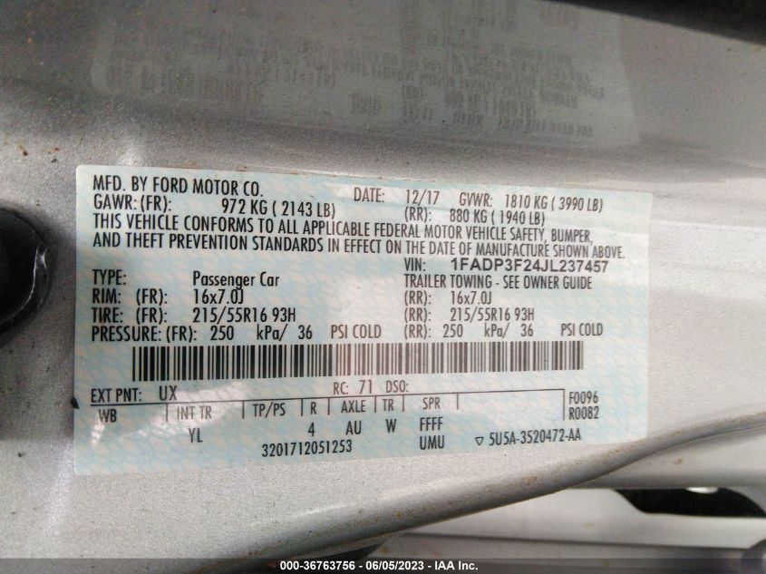 2018 FORD FOCUS SE - 1FADP3F24JL237457
