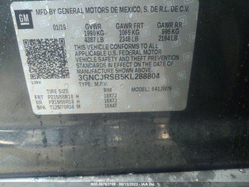 2019 CHEVROLET TRAX PREMIER - 3GNCJRSB5KL288804