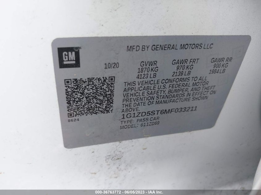 2021 CHEVROLET MALIBU LT - 1G1ZD5ST6MF033211