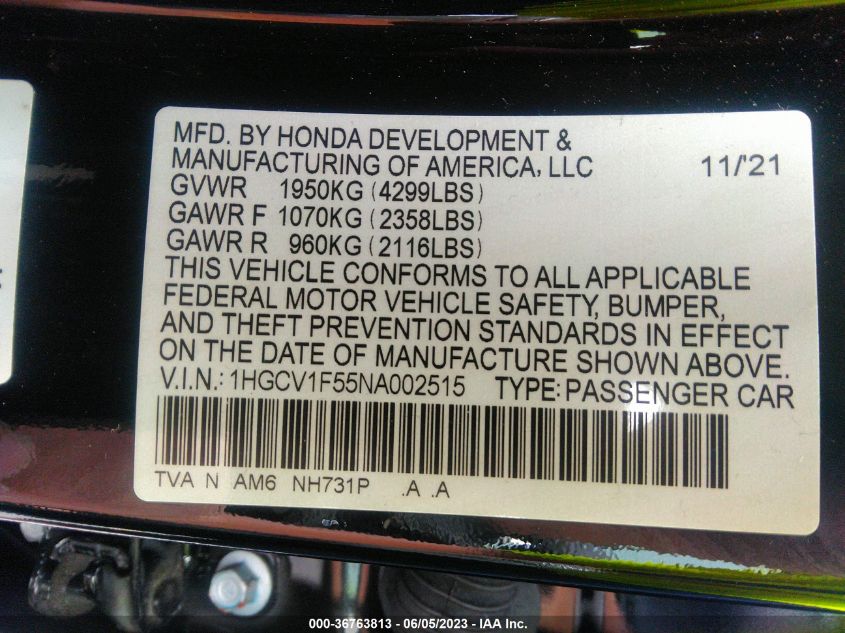 2022 HONDA ACCORD SEDAN EX-L - 1HGCV1F55NA002515