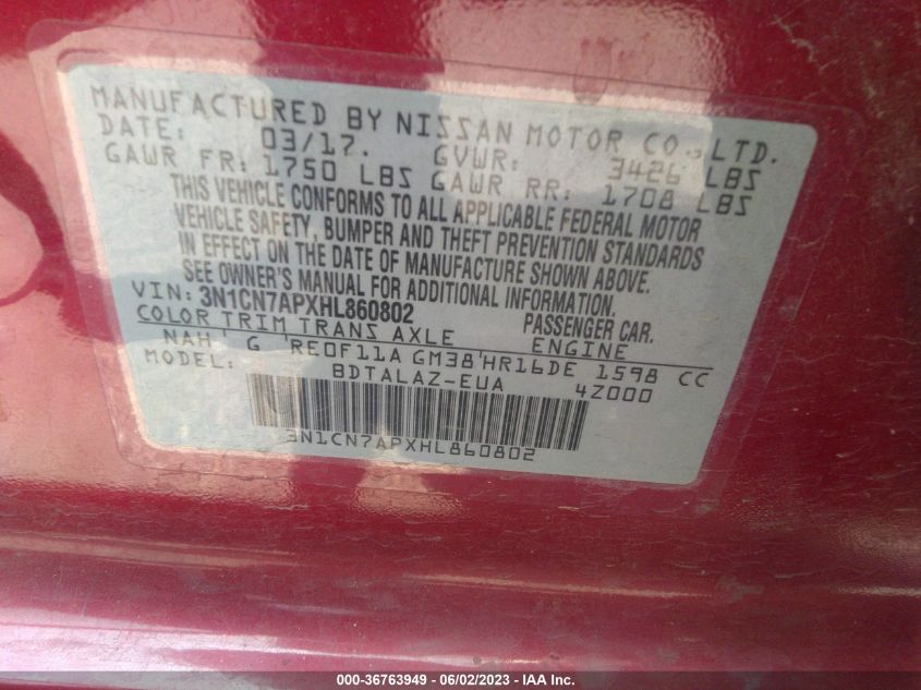 2017 NISSAN VERSA SEDAN S PLUS - 3N1CN7APXHL860802