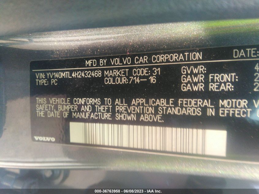 2017 VOLVO S60 DYNAMIC - YV140MTL4H2432468