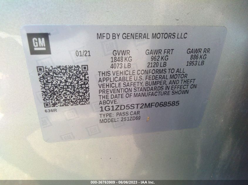 2021 CHEVROLET MALIBU LT - 1G1ZD5ST2MF068585