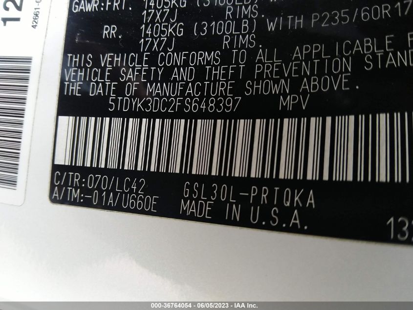 2015 TOYOTA SIENNA XLE/XLE AAS/LTD - 5TDYK3DC2FS648397