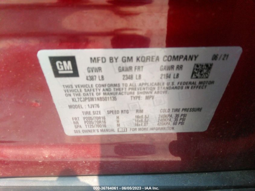 2022 CHEVROLET TRAX LT - KL7CJPSM1NB501135