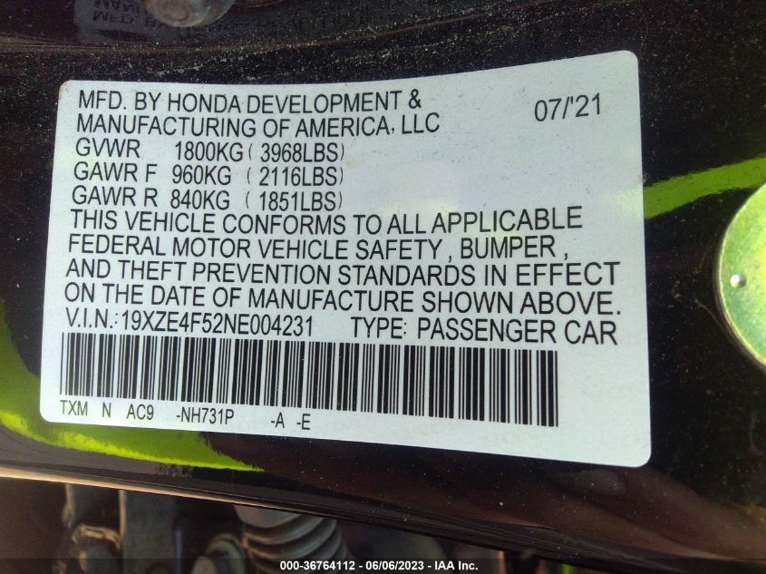2022 HONDA INSIGHT EX 19XZE4F52NE004231