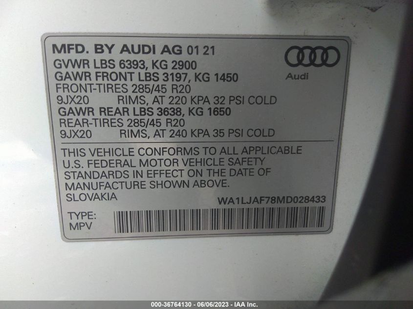 WA1LJAF78MD028433 2021 AUDI Q7, photo no. 9