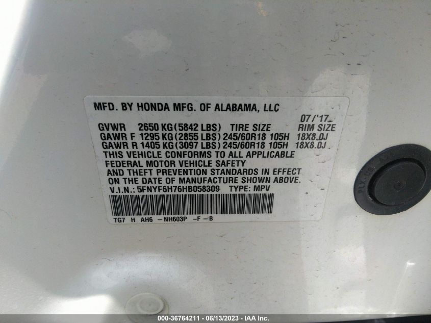 2017 HONDA PILOT EX-L - 5FNYF6H76HB058309