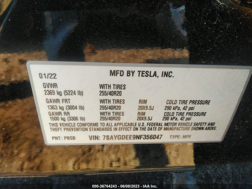 VIN 7SAYGDEE9NF356047 2022 TESLA MODEL Y LONG RANGE