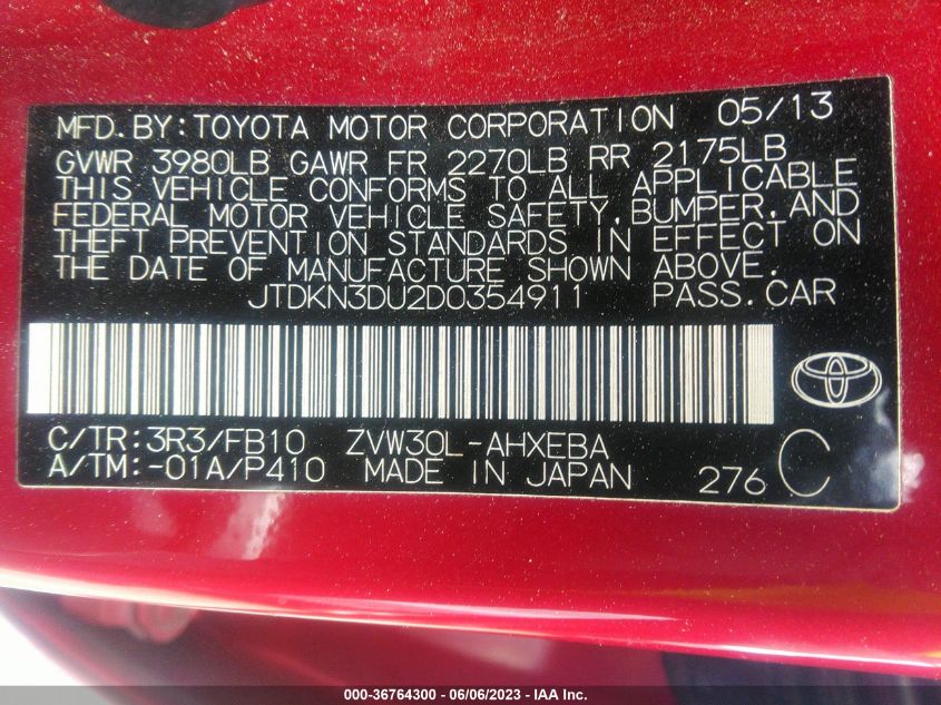 2013 TOYOTA PRIUS ONE/TWO/THREE/FOUR/FIVE - JTDKN3DU2D0354911
