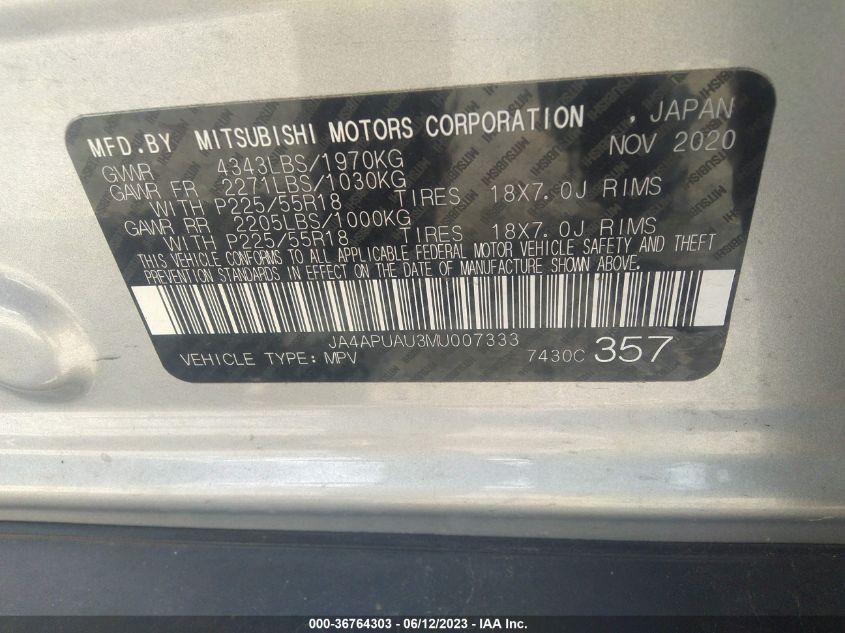2021 MITSUBISHI OUTLANDER SPORT ES/LE/BE/S - JA4APUAU3MU007333