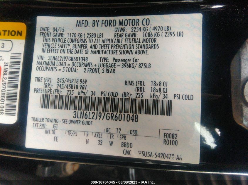 2016 LINCOLN MKZ - 3LN6L2J97GR601048