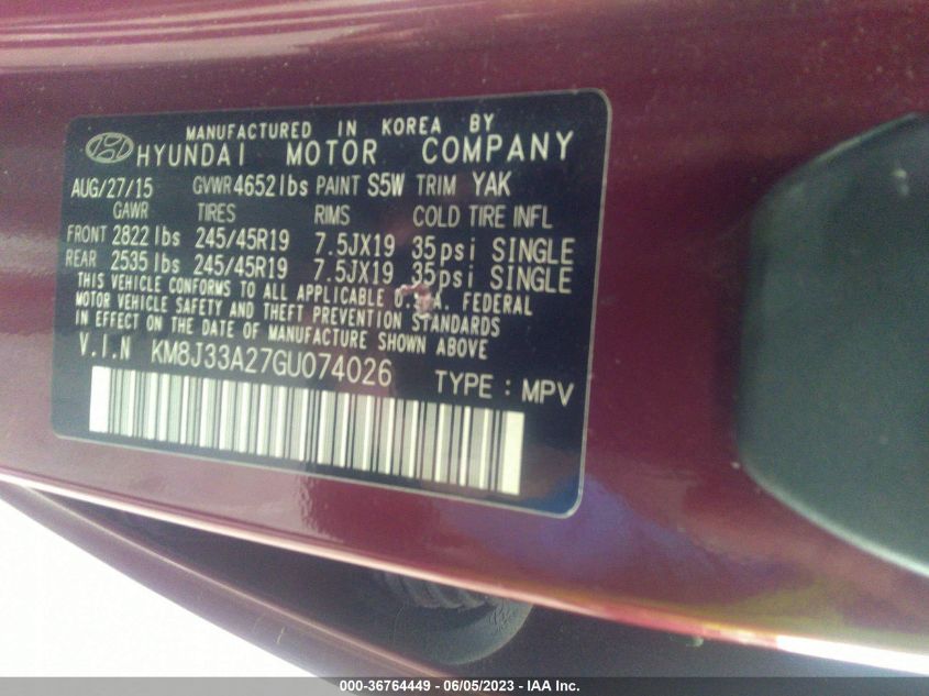 2016 HYUNDAI TUCSON LIMITED - KM8J33A27GU074026