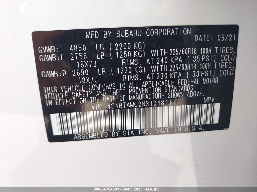 VIN 4S4BTAMC2N3104811 2022 SUBARU OUTBACK LIMITED