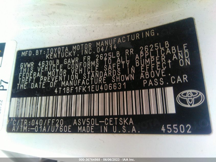 2014 TOYOTA CAMRY L/LE/XLE/SE/SE SPORT - 4T1BF1FK1EU406631