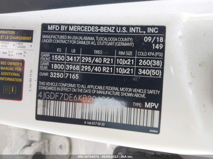 VIN 4JGDF7DE6KB204559 2019 MERCEDES-BENZ GLS 550 4MATIC
