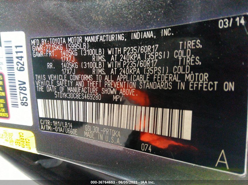 2014 TOYOTA SIENNA XLE/XLE AAS/LTD - 5TDYK3DC8ES469280