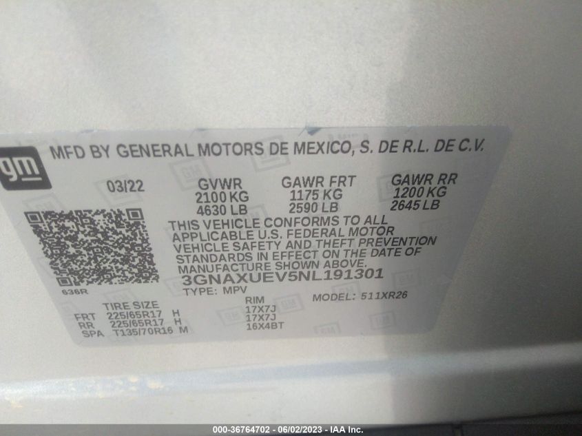 2022 CHEVROLET EQUINOX LT - 3GNAXUEV5NL191301