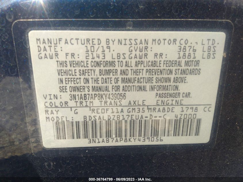2019 NISSAN SENTRA SV - 3N1AB7AP8KY439056