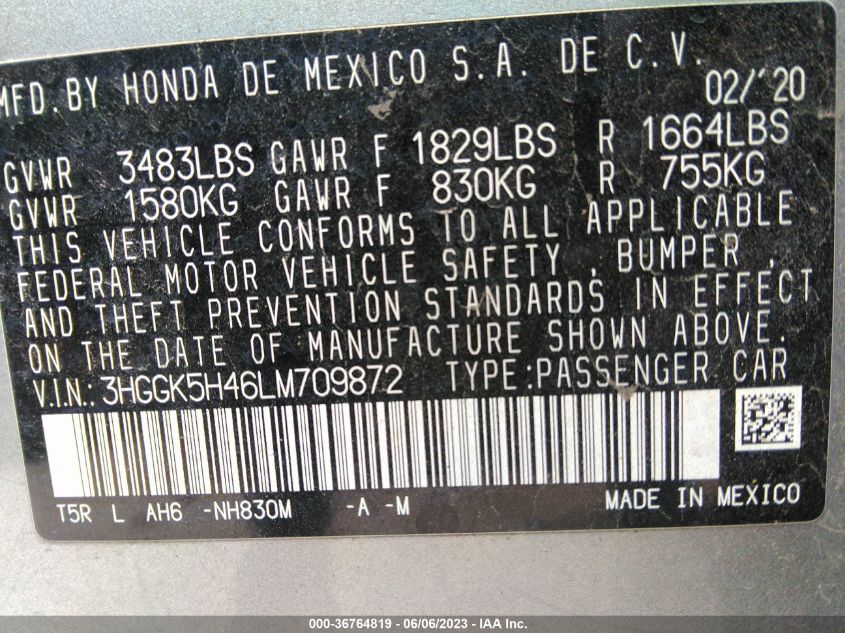 2020 HONDA FIT LX - 3HGGK5H46LM709872