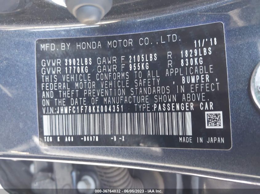 2019 HONDA CIVIC SEDAN EX-L - JHMFC1F78KX004351