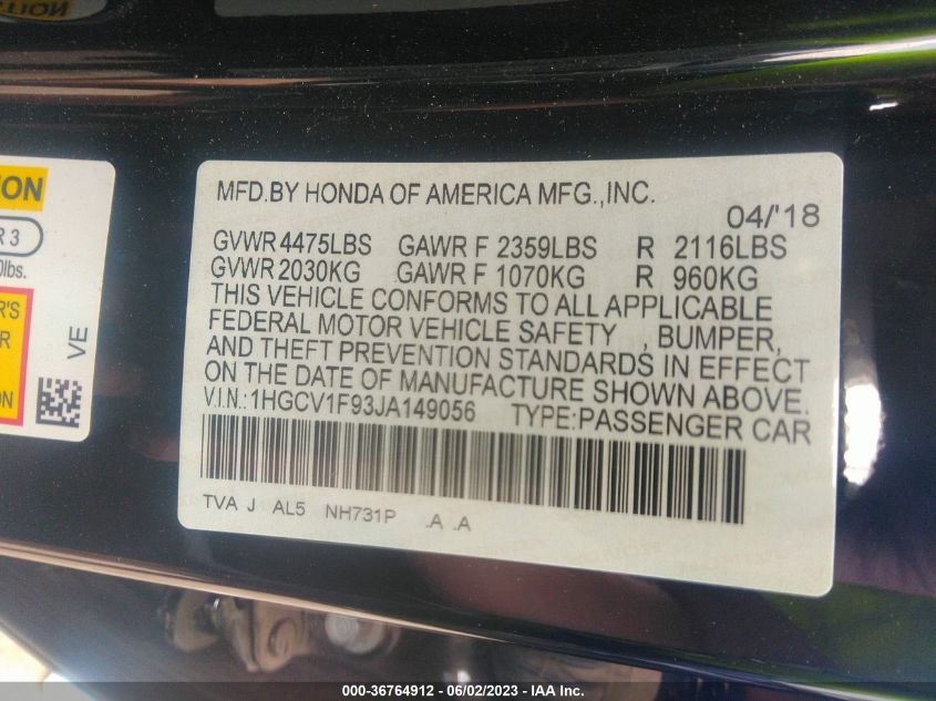 2018 HONDA ACCORD SEDAN TOURING 1.5T - 1HGCV1F93JA149056