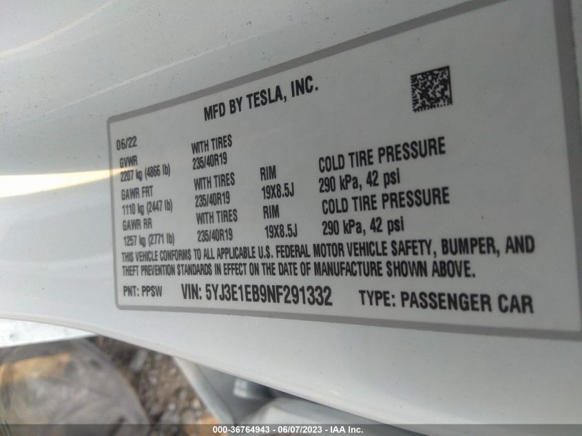 2022 TESLA MODEL 3 LONG RANGE - 5YJ3E1EB9NF291332