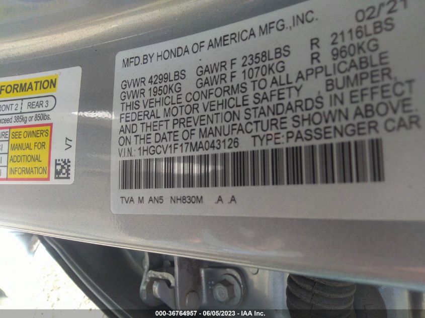 2021 HONDA ACCORD SEDAN LX - 1HGCV1F17MA043126