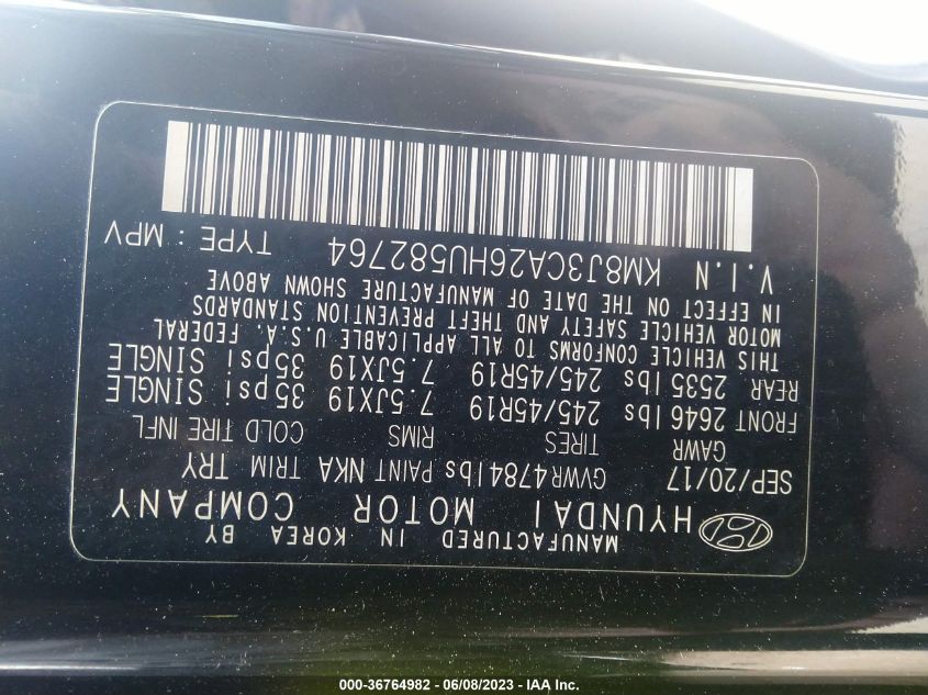 2017 HYUNDAI TUCSON LIMITED/SPORT AND ECO/SE - KM8J3CA26HU582764