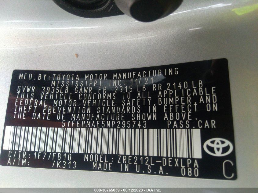 2022 TOYOTA COROLLA LE - 5YFEPMAE5NP295743