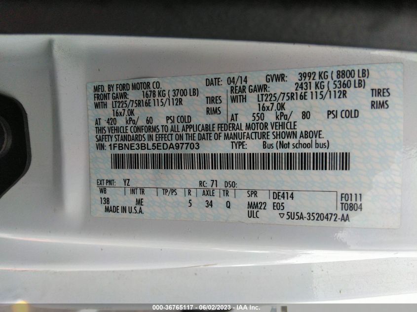 2014 FORD ECONOLINE WAGON XL/XLT - 1FBNE3BL5EDA97703
