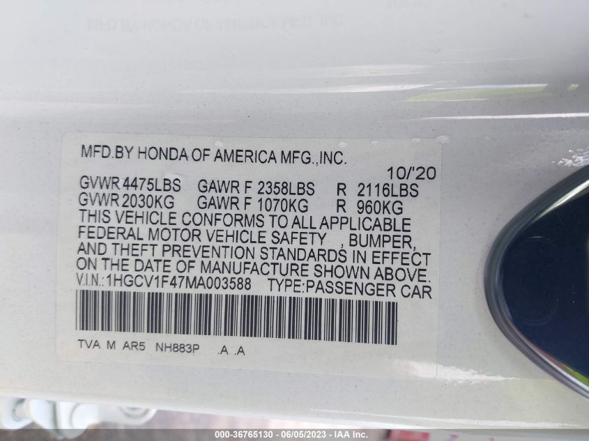 2021 HONDA ACCORD SEDAN SPORT SE - 1HGCV1F47MA003588