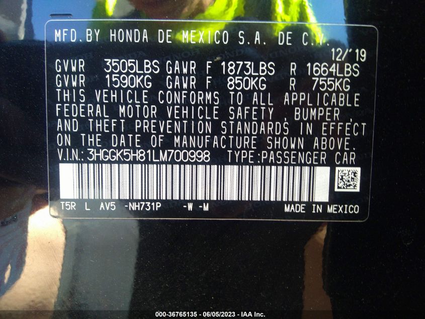 2020 HONDA FIT EX - 3HGGK5H81LM700998