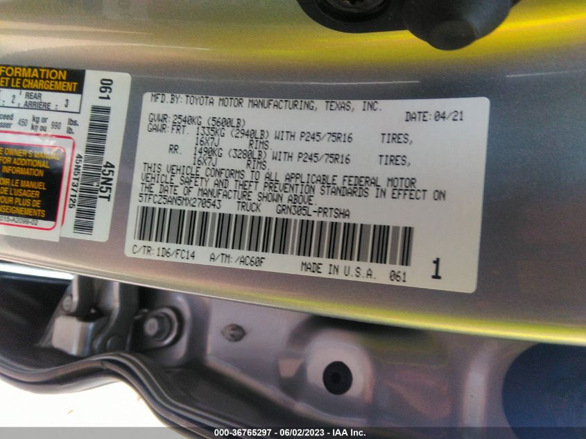 2021 TOYOTA TACOMA 4WD SR/SR5/TRD SPORT - 5TFCZ5AN5MX270543