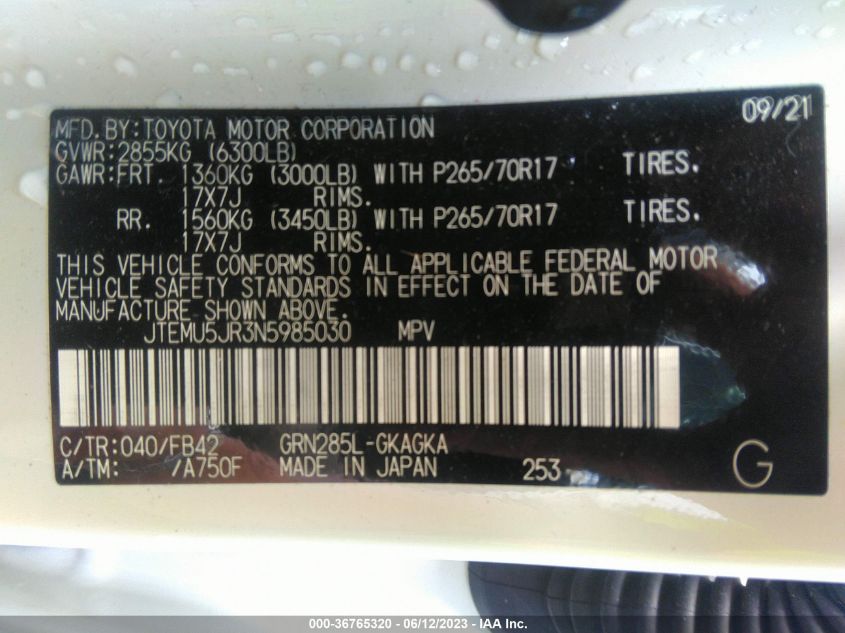 2022 TOYOTA 4RUNNER SR5 - JTEMU5JR3N5985030
