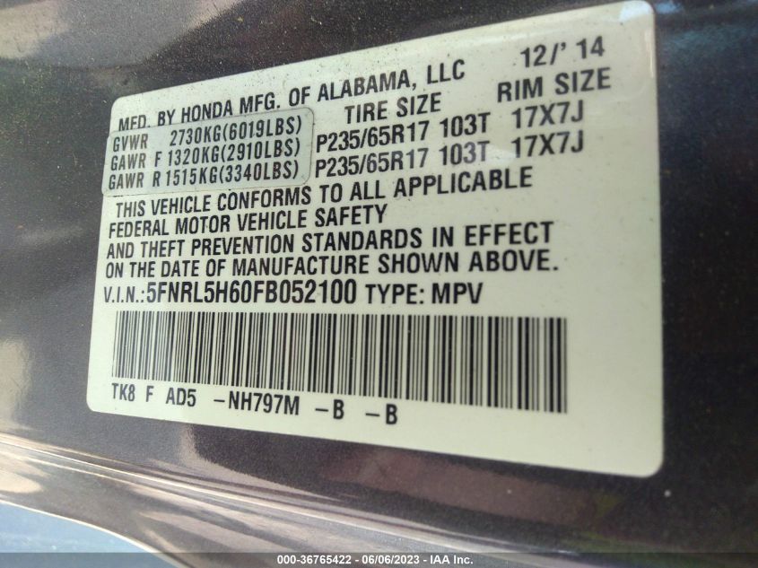 2015 HONDA ODYSSEY EXL - 5FNRL5H60FB052100