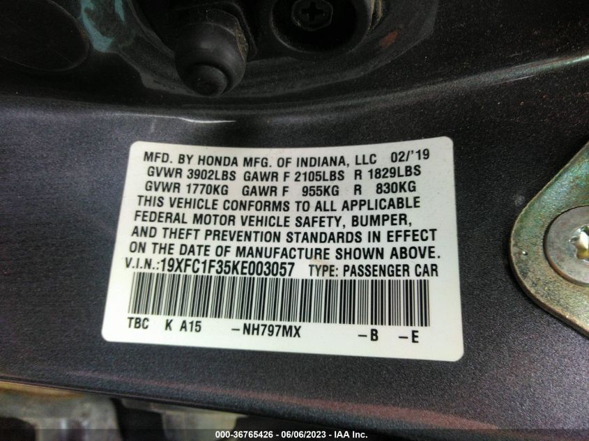 2019 HONDA CIVIC SEDAN EX - 19XFC1F35KE003057