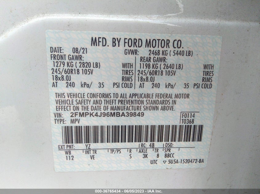 VIN 2FMPK4J96MBA39849 2021 FORD EDGE SEL